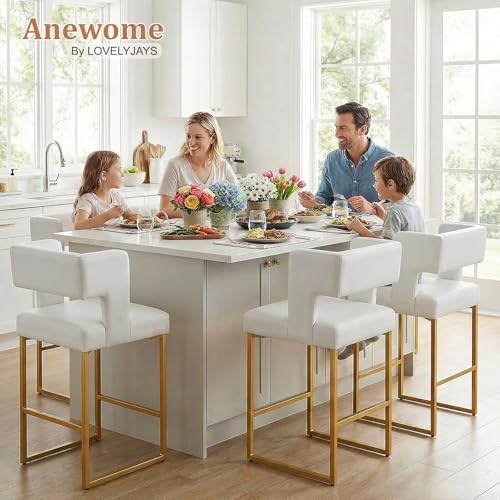 Image of 26 inch H Bar Stools Set of 4 with Back, Faux Leather Counter Height Stools with Footrest, Square Metal Frame, Modern Upholstered Bar Chairs for Kitchen Island /Dining Room, White & Gold Legs
