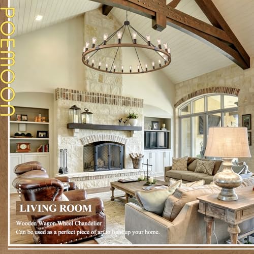Image of Oak Wooden Wagon Wheel Chandelier 24-Light 59 inch Light Fixture