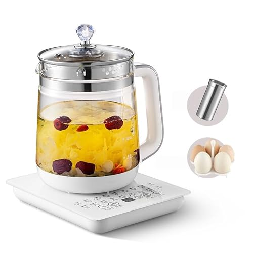 ガラス製電気ケトル 大容量 温度調節 保温機能 タイマー 空焚き防止 やけど防止 コーヒー お茶 粉ミルク対応 家庭用 オフィス ギフト (ホワイト,独立型マシン + 茶こし + 蒸し卵ラック)