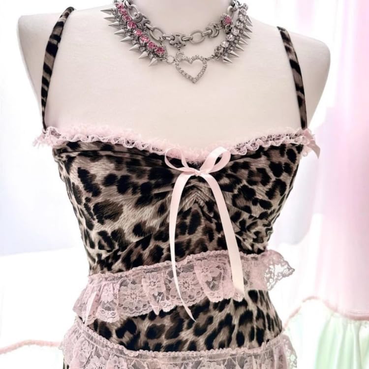 Gyaru Clothes Whimsical Cheetah Print Tank Tops Y2k Vintage Harajuku Whimsy Twee Camisole 2000s Clothing: Pink Large
