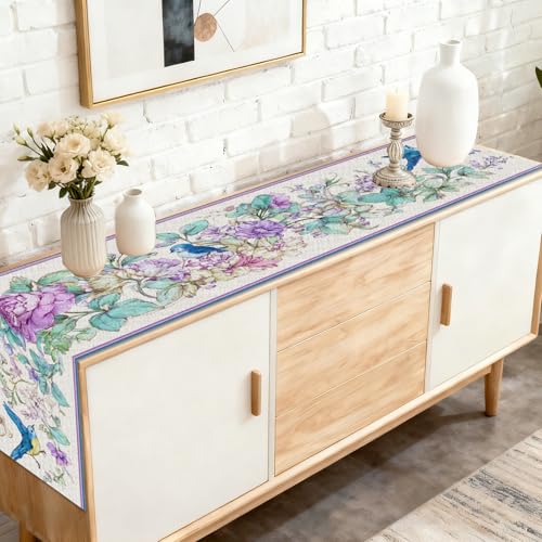 Image of Nuxovilar Blue Bird Floral Table Runner Flax 13x72 in | Holiday Runner Flax Placemats Dining Accessories Set Casual Meal Nature Event Room (Watercolor Blue Bird)