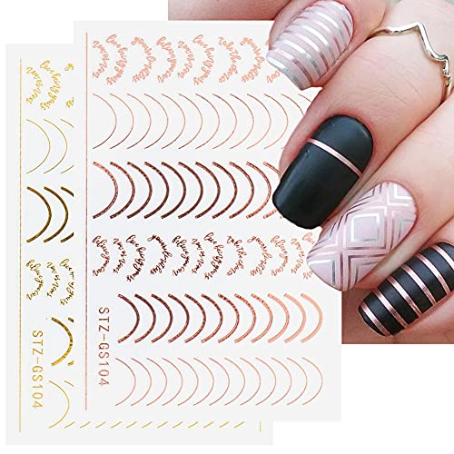 Line Nail Stickers, 3D Self-Adhesive Metallic Nail Decals Rose Gold French Nail Decals Wave Stripe Lines Nail Design Striping Tape Adhesive Diy Nail Decoration (6 Sheets) #TOP2
