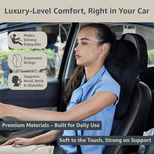 Image of Amazon Basics Memory Foam Filled Cotton Car Neck Rest Pillow|Ergonomic Design|Neck,Shoulder Pain Relief|Driving & Travel Comfort|Washable Cover|1 Year Warranty | Black| 40x30x15 cm