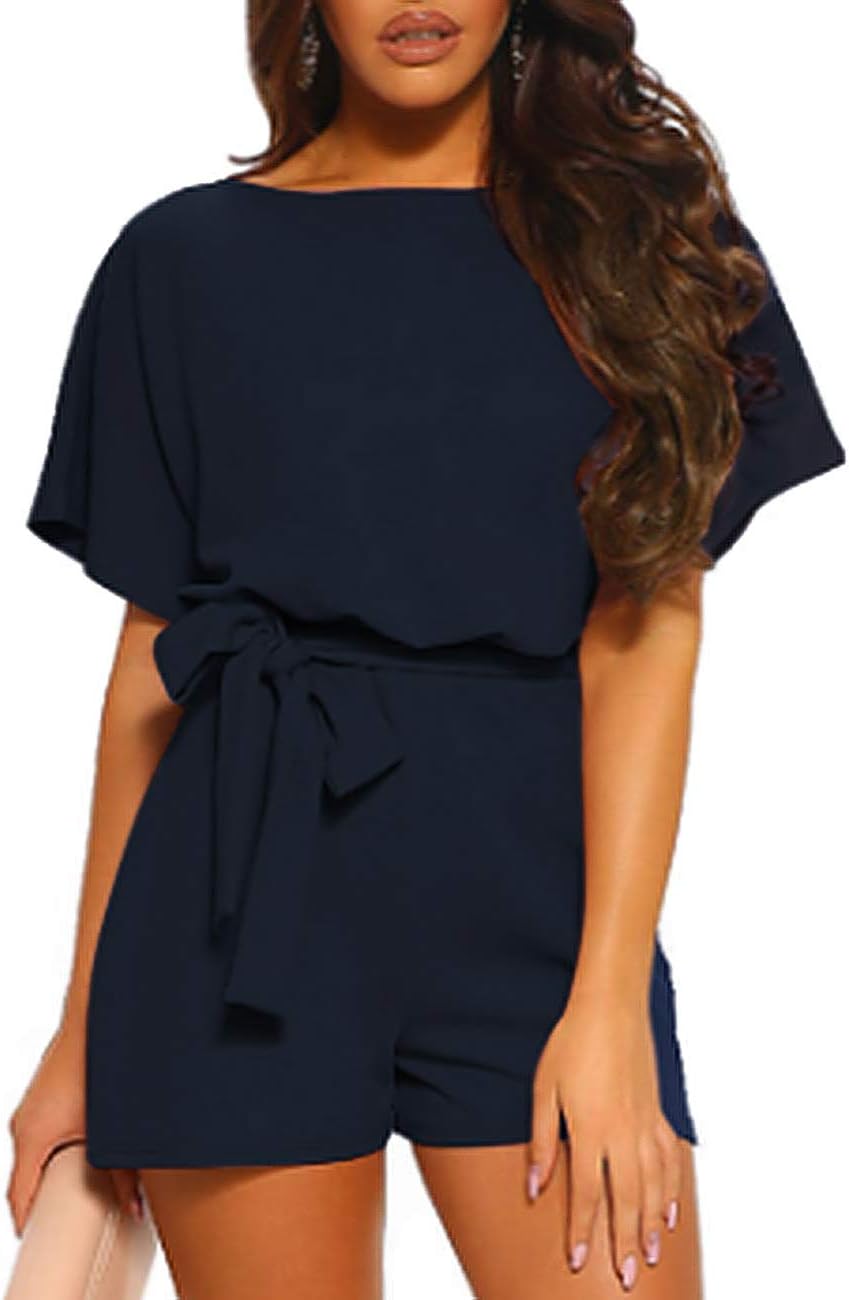 Vetinee Womens Summer Belted Romper Keyhole Back Short Sleeve Jumpsuit Playsuit - Image 4