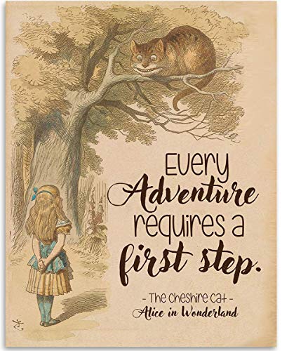 Cheshire Cat - Every Adventure Requires A First Step - 11x14 Unframed Typography Book Page Print - Great Gift for Alice in Wonderland Fans and Decor for Nursery and Children's Room Under $15