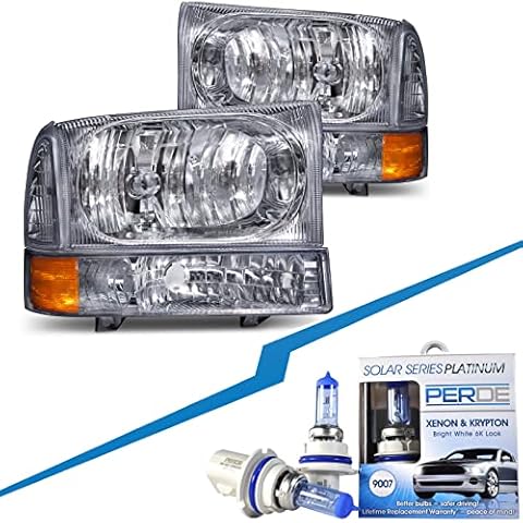 HEADLIGHTSDEPOT Halogen Headlights Compatible with Ford Excursion F-250 Super Duty F-350 F-450 F-550 Driver Passenger Side w/Park Signal Lights With Amber Reflector Cover