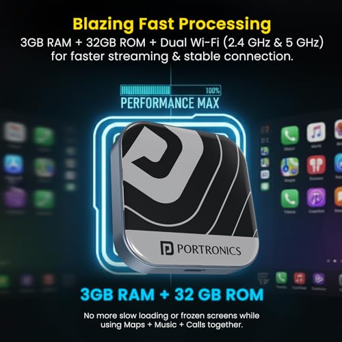 Image of Portronics Tune Plus, 2-in-1 CarPlay & Android Auto Adapter with Inbuilt YouTube, Netflix, Converts Wired to Wireless, 3GB RAM + 32GB ROM, Plug &Play, USB-A & Type-C Compatible, TF Card Slot for Media