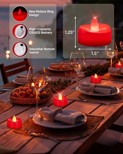 Image of merrynights LED Candles, 24 Pack Tea Lights Candles Battery Operated, Flameless Tealight Candle, Realistic Tea Lights for Halloween Christmas Party Decor -D 1.5 inch x H 1.25 inch-Red