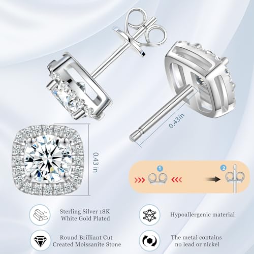 Tunzug Moissanite Stud Earrings 0.5-3 CT D Color VVS1 Lab Cultured Diamond, 925 Sterling Silver 18K White Gold Plated Flat Back Hypoallergenic Earrings for Women2