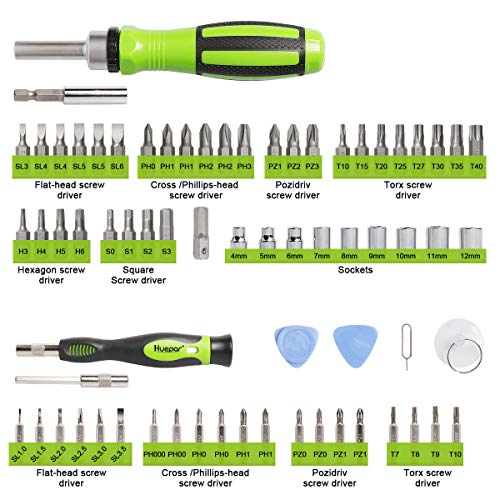 Huepar 65 in 1 Precision Screwdriver Ratchet Set Includes Slotted/Phillips/Torx and More Bits, Sockets and Extension Bars-Professional Repair Tool Kit for iPhone, Computer, Watch, Glasses, Electronics