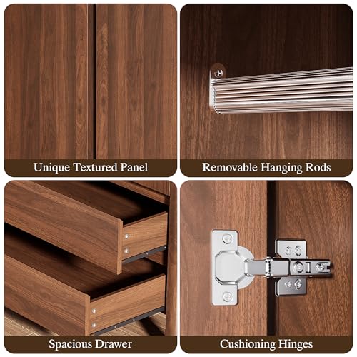 Image of Furniway Armoire Wardrobe Closet, 70.9 inch Tall Wardrobe Cabinet with 2 Doors, 2 Large Drawers and Hanging Rod, Wooden Clothing Storage Cabinet for Bedroom, Cloak Room, Walnut