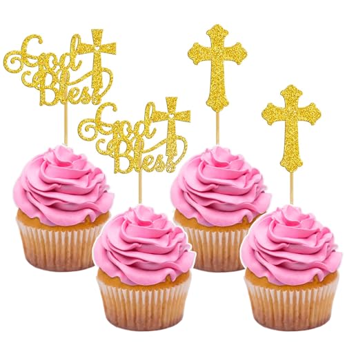 KAZIPA 24Pcs God Bless and Baptism Cupcake Toppers Glitter Cross God Bless Cupcake Picks for Christian First Communion Baptism Party Cake Decorations Supplies (Gold)