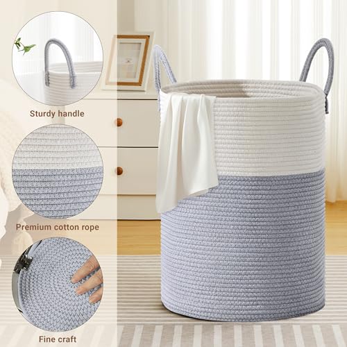 Image of 100L Extra Large Tall Cotton Rope Laundry Basket with Handles, Grey