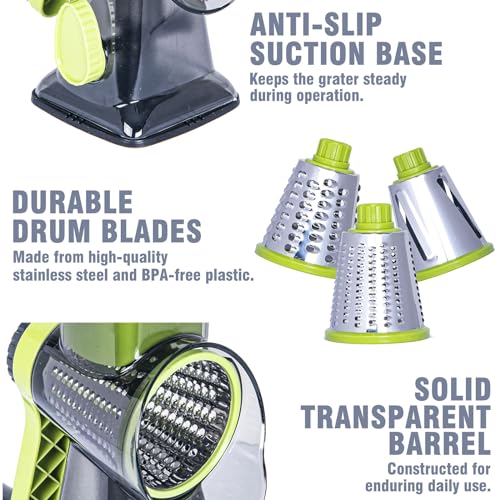 Rotary-Cheese-Grater-Cheese-Shredder-Cheese-Grater-Handheld-with-Strong-Suction-BaseKitchen-Vegetable-Slicer-3-Replaceable-Stainless-Drum-Blades-for-Fruit-Food-NutsEasy-to-Use-Clean-Green
