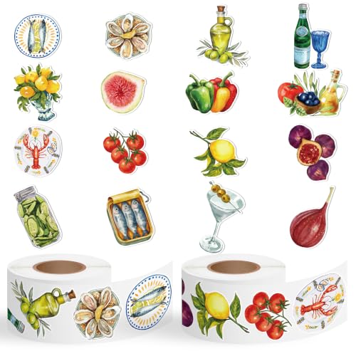 Image of 2 Roll Mediterranean Food Waterproof Vinyl Sticker for Scrapbook | Oil-Resistant Vinyl Strong Adhesion No Residue Easy Peel & Stick for Journals Water Bottles Laptops Kitchen Decor Travel