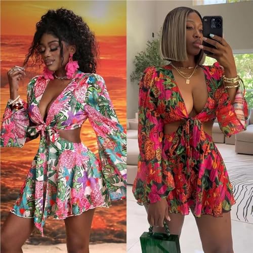 Women's Fashion Floral Deep V Horn Sleeve Waist Dress Short Skirt Set Two Piece Set2