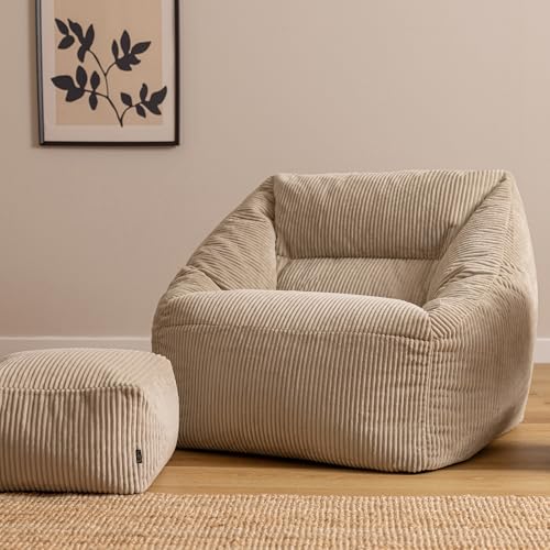 Icon Natalia Sitzsack Sessel mit Hocker für Erwachsene, Beige, Flauschiger Cord Stoff, Riesen...
