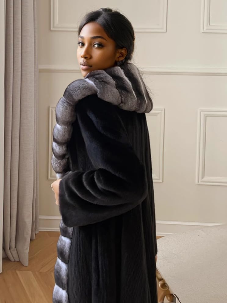 Shaggy Faux Fur Striped Collar Elegan Long Length Black Women's Fashion Coat 5