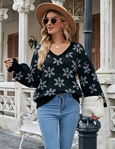 Blooming Jelly Women's Chunky Sweater Oversized Snowflake Christmas Sweaters Black V Neck Balloon Sleeve Pullover Jumper Tops (Black,Large) #TOP3