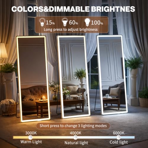 Image of Full Length Mirror with Lights, 71 inch x 26 inch LED Floor Mirrors, Full Body Dressing Standing Mirrors with Dimming & 3 Color Lighting, Hanging Mounted Mirror for Living Room Bedroom Cloakroom
