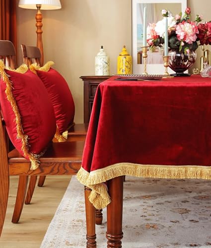 Nappe de table rectangulaire en velours rouge 140x200cm lavable nappe polyester pompon - 4