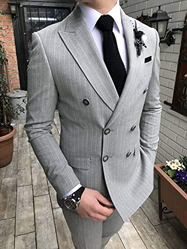Men's Pinstripe Suit Two-Piece Double Breasted Wedding Groomman Formalwear3