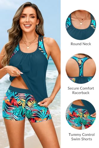 Image of Yonique Two Piece Tankini Bathing Suits T-Back Blouson Swim Tops with Boy Shorts Women Swimsuits Sporty Swimwear