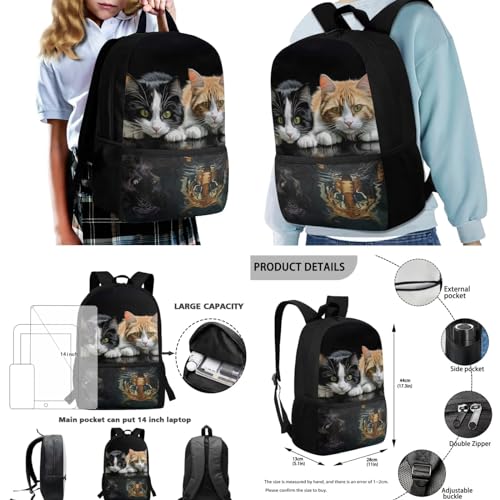 Cats Kids Backpack School Bookbag Set of 4 Pieces Lunch Bag Pencil Bag Bottle Holder Pouch Suitable for Sport Travel Camping3