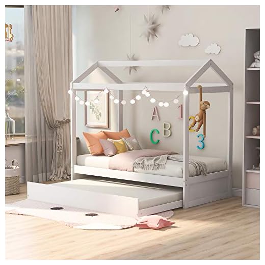Harper & Bright Designs House Bed , Bed Frame Twin with Trundle and Roof, Toddler Daybed Twin, Children's Bed, No Box Spring Needed ,White