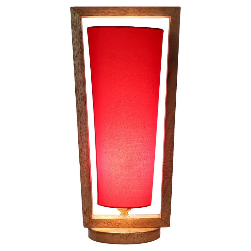 Image of tu casa Table Lamps with Mango Wood Base & Red Cotton Shades for Home Decor, Bedrooms, Living Room, Gifting, Diwali Decoration, Dining Space, Study Room, Hall (Height- 40cm) - Bulb not Included