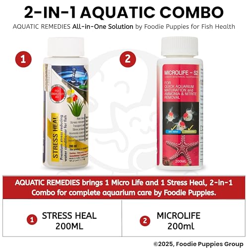 Image of Foodie Puppies Aquatic Remedies 2-in-1 Aquarium Medicine Combo - (Microlife S2 + Stress Heal, 200ml Each) | Anti-Bacterial Effective Fish Skin Treatment for Fresh Water