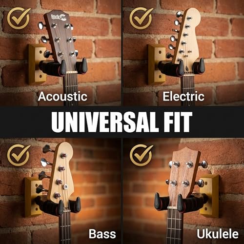 Image of RockJam Guitar Wall Mount, Heavy Duty Padded Guitar Hanger | Padded steel guitar wall hanger for acoustic, electric and bass guitars with mounting hardware included