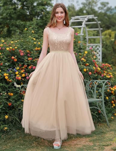 Image of BeryLove Sequin Dress for Woman Vintage A Line Wedding Formal Swing Mesh Dress Sleeveless Cocktail Maxi Gowns