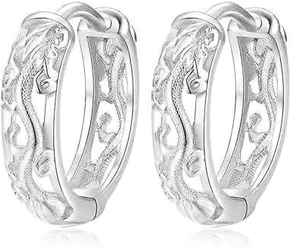 Brincos masculinos de argola de dragão, design de dragão chinês esculpido em tom prateado, joia urbana estilosa para homens