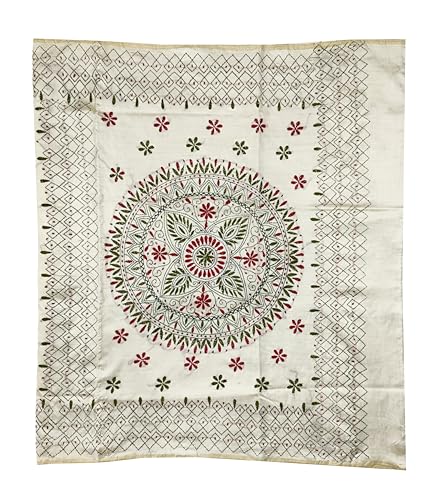 Image of SHRISTI CLOTHINGS Women's Hand Embroidered Cotton Silk Kantha Stitch Saree with Blouse Piece (SB4200924 OFFWHITED94)