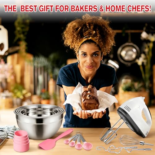 Image of Showvigor Electric Hand Mixer with Stainless Steel Mixing Bowl Set -7 Speeds Turbo-Boost Hand Mixer with Large Mixing Bowls, Measuring Cups, Spoons & Spatula for Kitchen Cakes Eggs Baking(Pink)