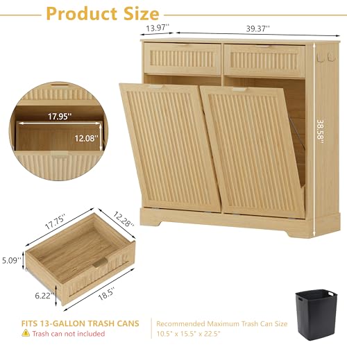 Image of Double 13 Gallon Tilt Out Trash Can Cabinet,Garbage Cabinet with Drawer | Hidden Garbage Storage with Fluted Design, Drawer & Hooks for Kitchen, Dining Room and Small Space Organization,Natural Oak