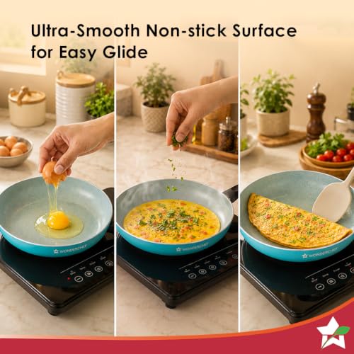 Image of Wonderchef Vitalife Non-Stick Fry Pan for Kitchen, 24cm, 1.5 L, Non-Toxic Coating, PFOA-Free, Cool-Touch Handles, Scratch-Resistant, Gas & Induction Compatible, 2-Yr Warranty, Teal Green