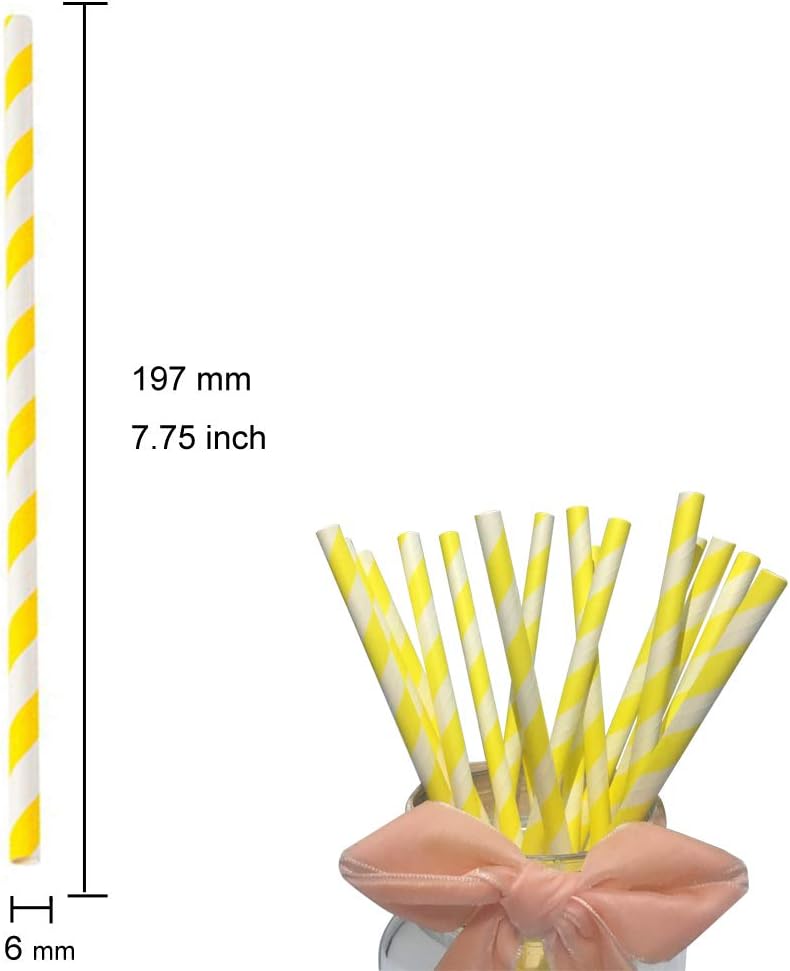 Yellow & White Paper Straws (100 Pack) - 7.75" Biodegradable Yellow Bee Striped Drinking Straws - Eco Party Supplies for Juice & Cocktail, Christmas, Brithday, New Year