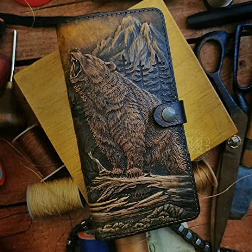 Men's 3D Genuine Leather Wallet, Long wallet, Biker wallet, Hand-Carved, Hand-Painted, Leather Carving, Custom wallet, Personalized wallet, The Boss of Taiga, The Head of Forest, Bear2