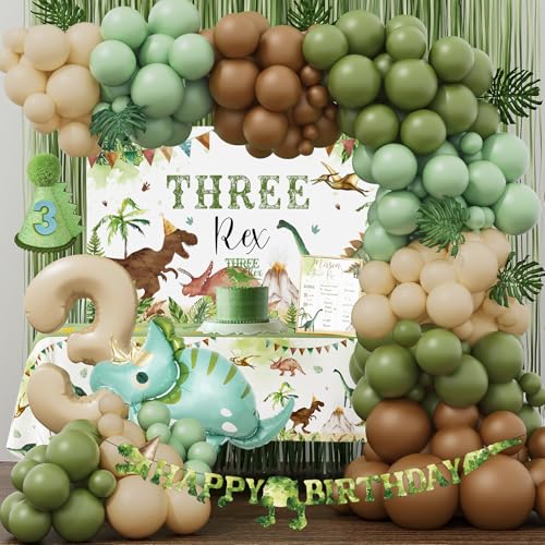 Three Rex Birthday Party Decorations Boy, Dinosaur 3rd Birthday Party Supplies, Three Rex Backdrop Tablecloth Fringe Curtain Balloon Arch Cake Topper Birthday Banner Hat
