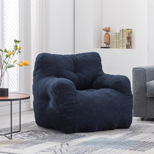 SMILEGEND Soft Tufted Foam Bean Bag Chair with Teddy Fabric for Gaming, Reading, Living Room, Office, Bedroom, Dark Blue
