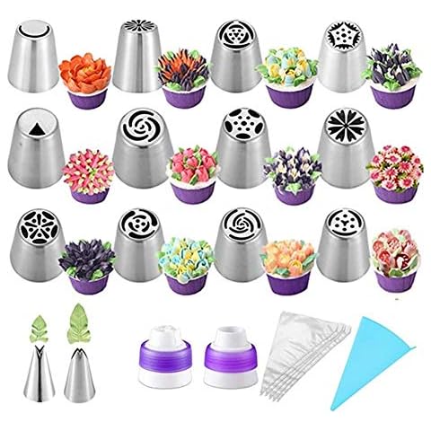 27pcs Russian Piping Tips Baking Supplies Set Cake Decorating Tips for Cupcake Cookies Birthday Party, 12 Icing Tips, 2 Leaf Piping Tips, 2 Couplers, 10 Pastry Baking Bags (27) Cover