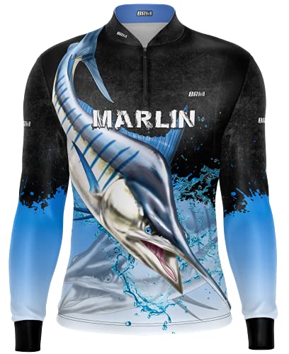 BRK Camisa de pesca masculina manga longa azul Marlin FPS 30 proteção solar P
