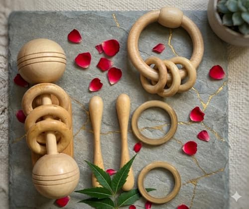 Image of Natural Wood Neem Wooden Teether Set for Babies, Ring Rattle and Grasping Toy