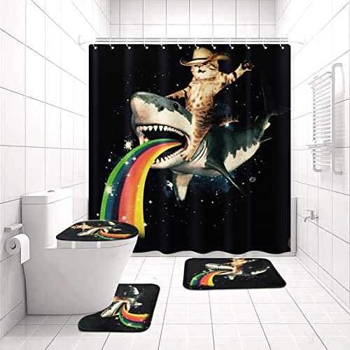 4 Pcs Shower Curtain Funny Cat With Wale Black Shower Curtain With Non-Slip Rugs,Toilet Lid Cover And Kid Bath Mat,Bathroom Sets Decorations 72" X 72" #TOP5