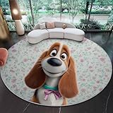 Runder Teppich Runder 140 cm, Waschbar & Rutschfester Weicher Kurzflor Rund Teppich Cartoon Basset Hound Floraler Hintergrund - für Wohnzimmer Schlafzimmer Kinderzimmer Gastzimmer Esszimmer Beige