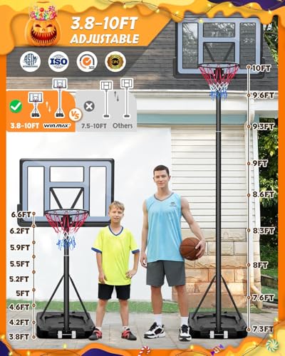 Image of WIN.MAX Basketball Hoop Outdoor 3.3-10ft Adjustable Height, 40inch Backboard with Shatterproof Backboard and Larger Base, Portable Basketball Hoop Goal System Youth /Adults in Backyard /Driveway