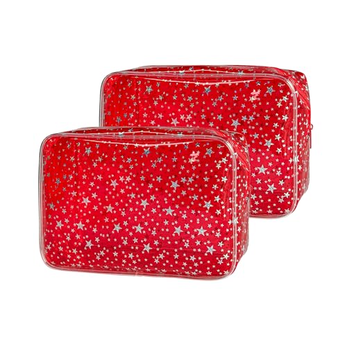 TotePrint 2Set Star Print Clear Makeup Bag (9 x 6 x 2.7 in) (Red)