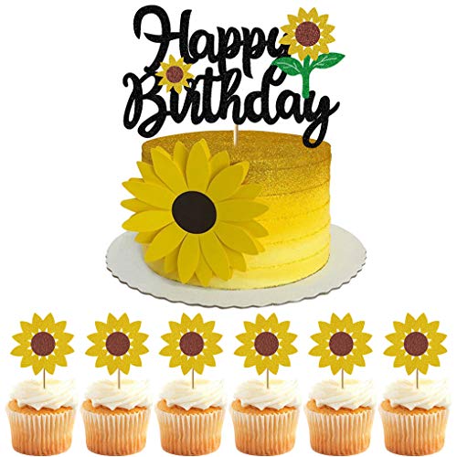 Sunflower Cake Decorations for Baby Shower, Glitter Sunflower Happy Birthday Cake Topper for 1st Girl Boy Sunflower Birthday Party Decor, Sunflower Theme Party Decoration (1 x Sunflower cake topper & 6 x Sunflower cupcake toppers)